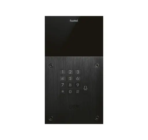 [FT600K] The FT600K is an intercom with 2 sip accounts, black anodized and has 1 push button, keypad, The supplied housing allows the device to be placed both on- and flush-mounted. 216x116mm.