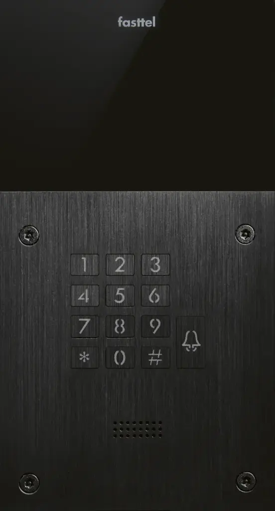The FT600KSIP is an intercom with 2 sip accounts, black anodized and has 1 push button, keypad, The supplied housing allows the device to be placed both on- and flush-mounted. 216x116mm.