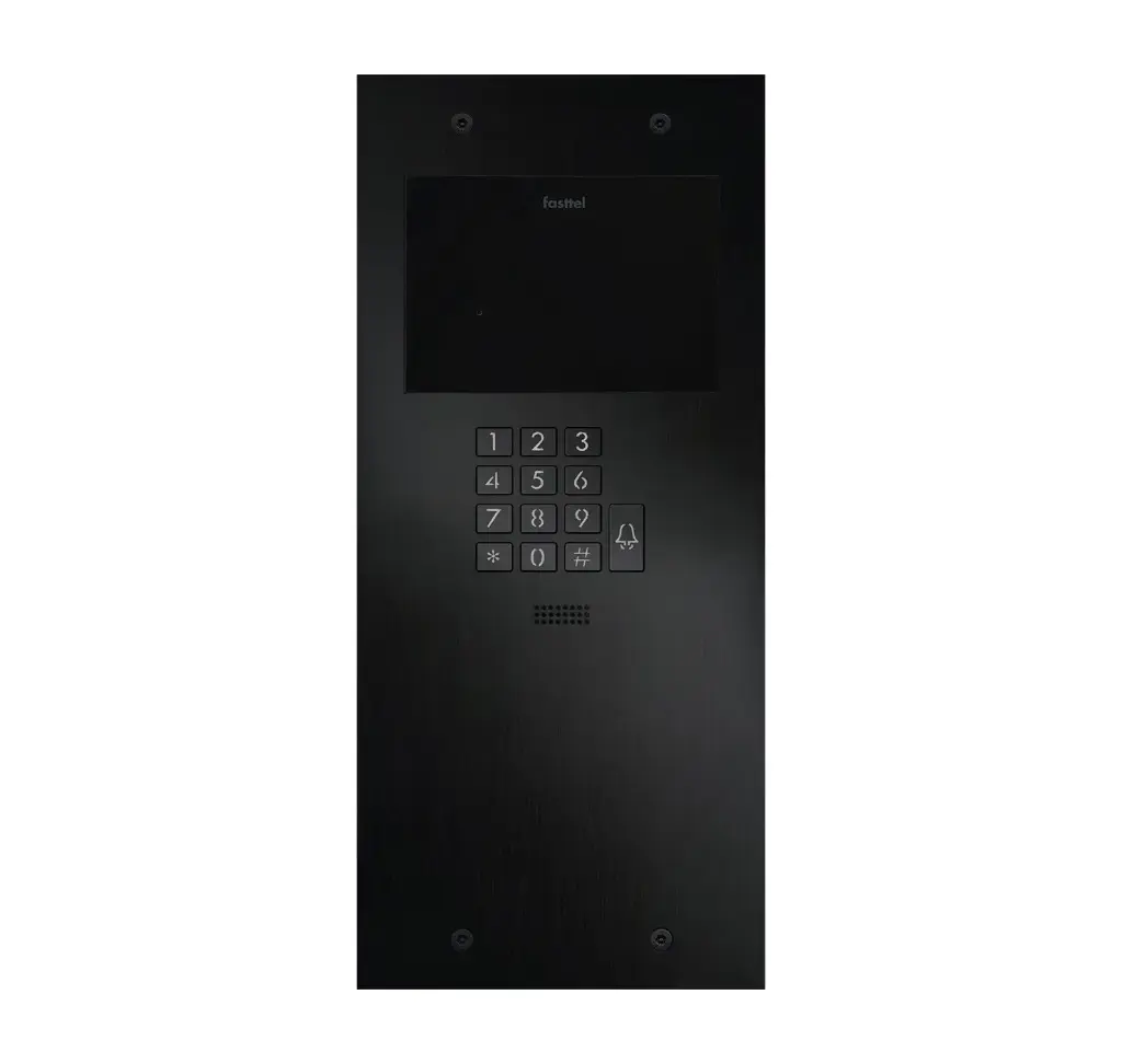 The FT600KSIP-L is an intercom with 2 sip accounts, black anodized and has 1 push button, keypad. 349x154mm.