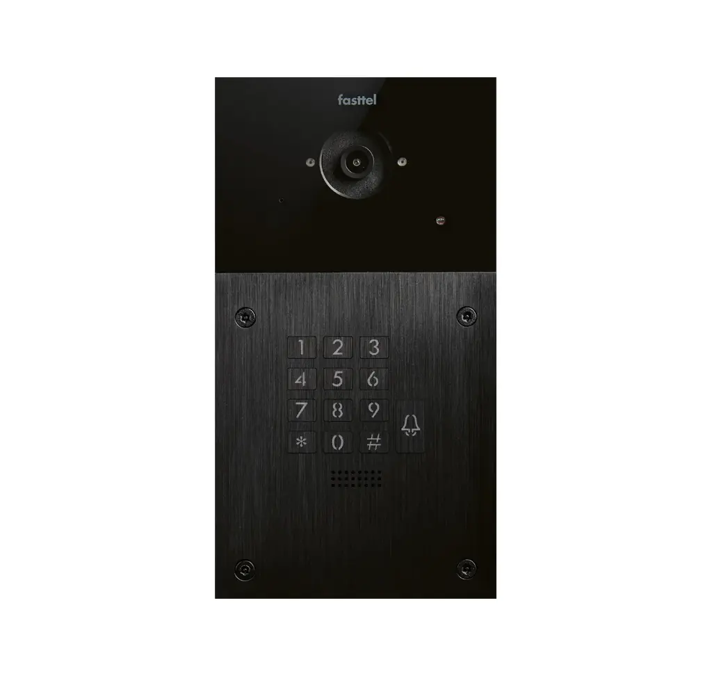 The FT600KVC is a videophone with 2 sip accounts, black anodized and has 1 push button, keypad and color camera. The supplied housing allows the device to be placed both on- and flush-mounted. 216x116mm.