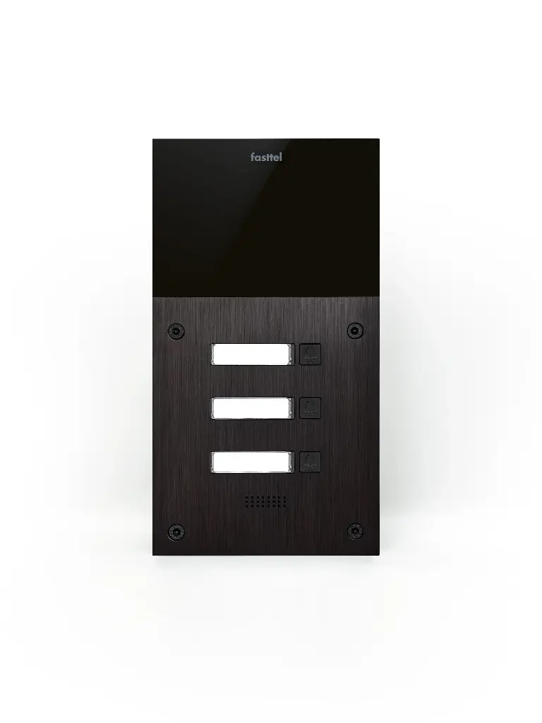 The FT600-3 is an intercom with 2 sip accounts, black anodized and has 3 push buttons. The supplied housing allows the device to be placed both on- and flush-mounted. 216x116mm.