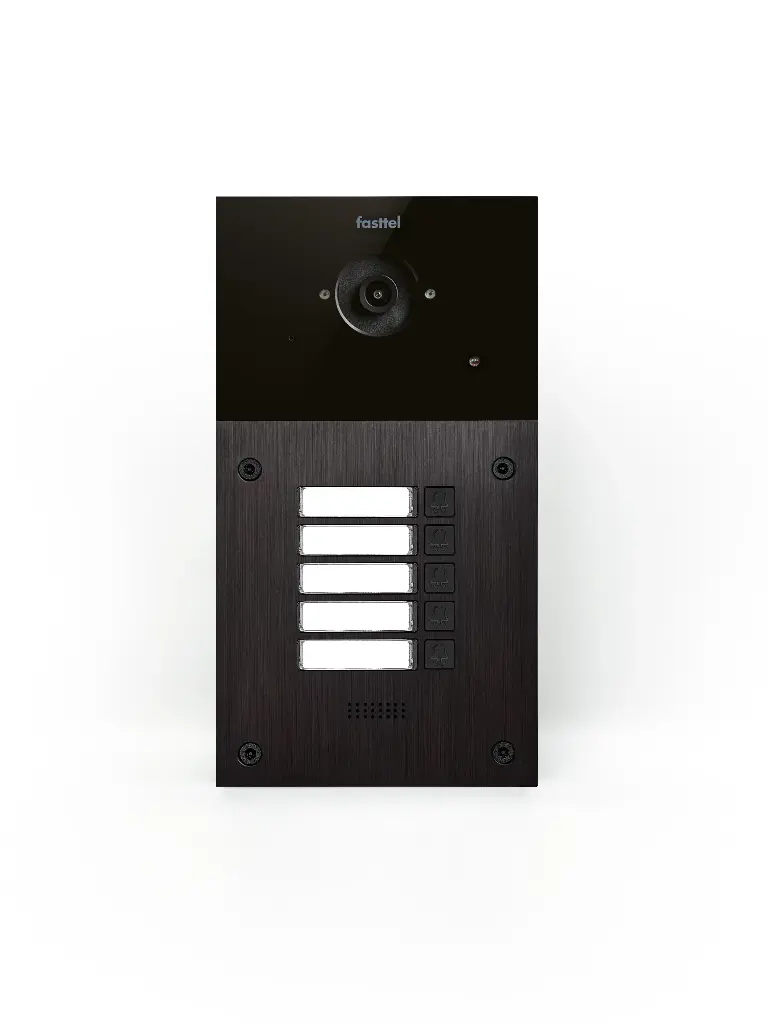 The FT600SIPVC-5 is a videophone with 2 sip accounts, black anodized and has 5 push buttons and color camera. The supplied housing allows the device to be placed both on- and flush-mounted. 216x116mm.