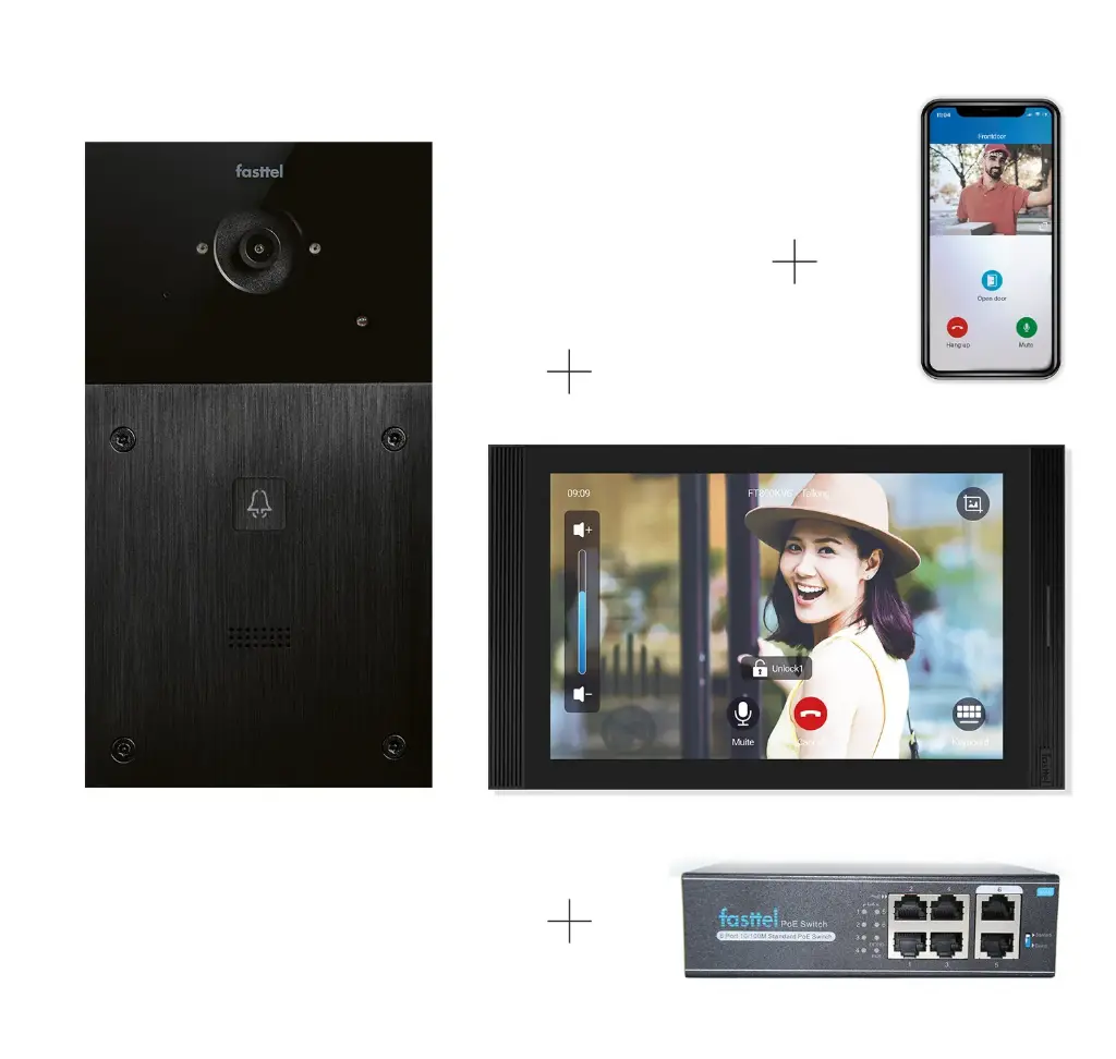 Kit Vidéo Plug & Play: Portier 1 bouton, à la fois encastré et en saillie 216x116mm + Moniteur 10" Android wifi + 4xApp licences + PoE switch