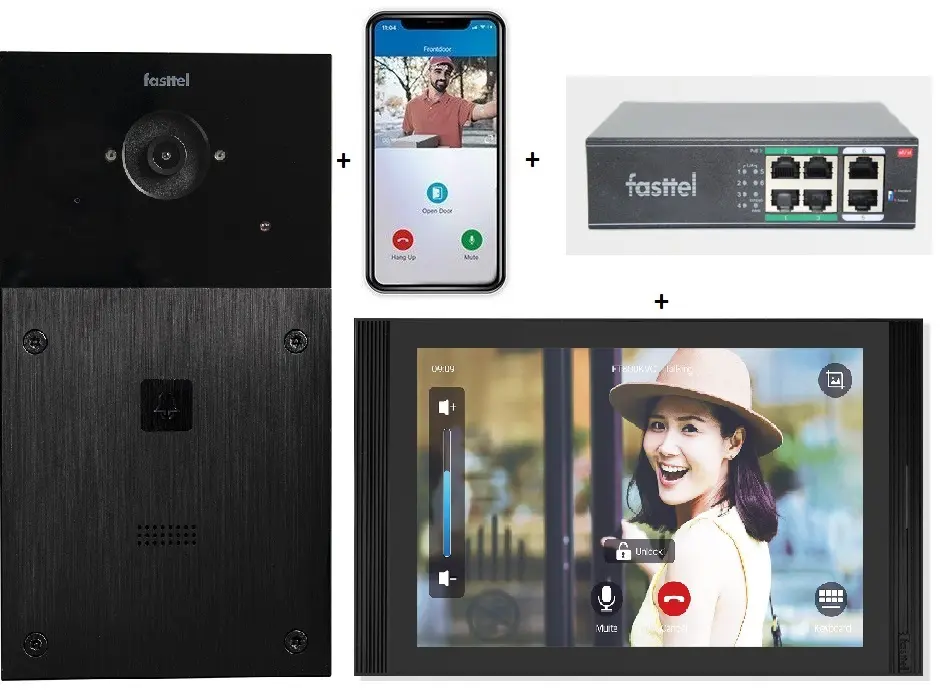 Videokit Plug & Play: Intercom 1 button, both flush and surface mount 216x116mm + Monitor 10" Android wifi + 4xApp licences + PoE switch