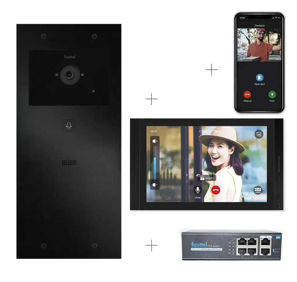 Videokit Plug & Play: Intercom 1 button, both flush and surface mount 349x154mm + Monitor 10" Android wifi + 4xApp licences + PoE switch