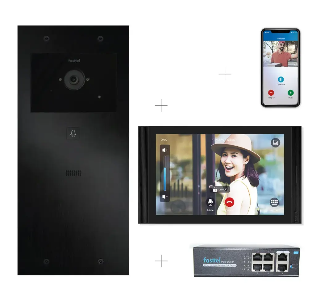 Videokit Plug & Play: Intercom 1 button, both flush and surface mount 349x154mm + Monitor 10" Android wifi + 4xApp licences + PoE switch