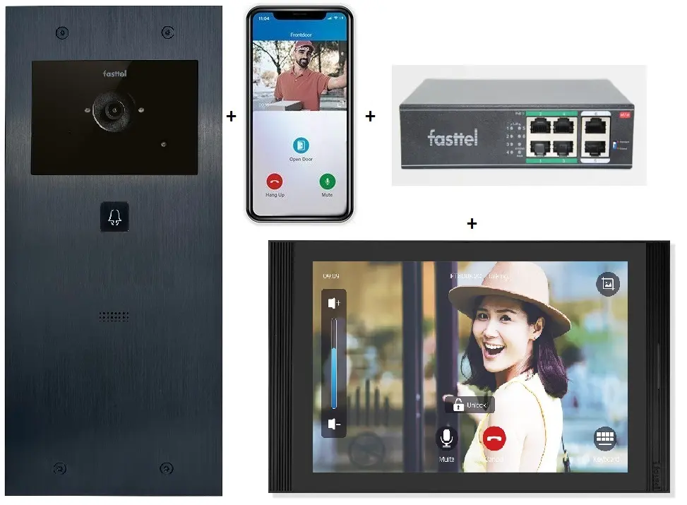 Videokit Plug & Play: Buitenpost 1 knop zowel in-als opbouw 349x154mm + Monitor 10" Android wifi + 4xApp licentie + PoE switch
