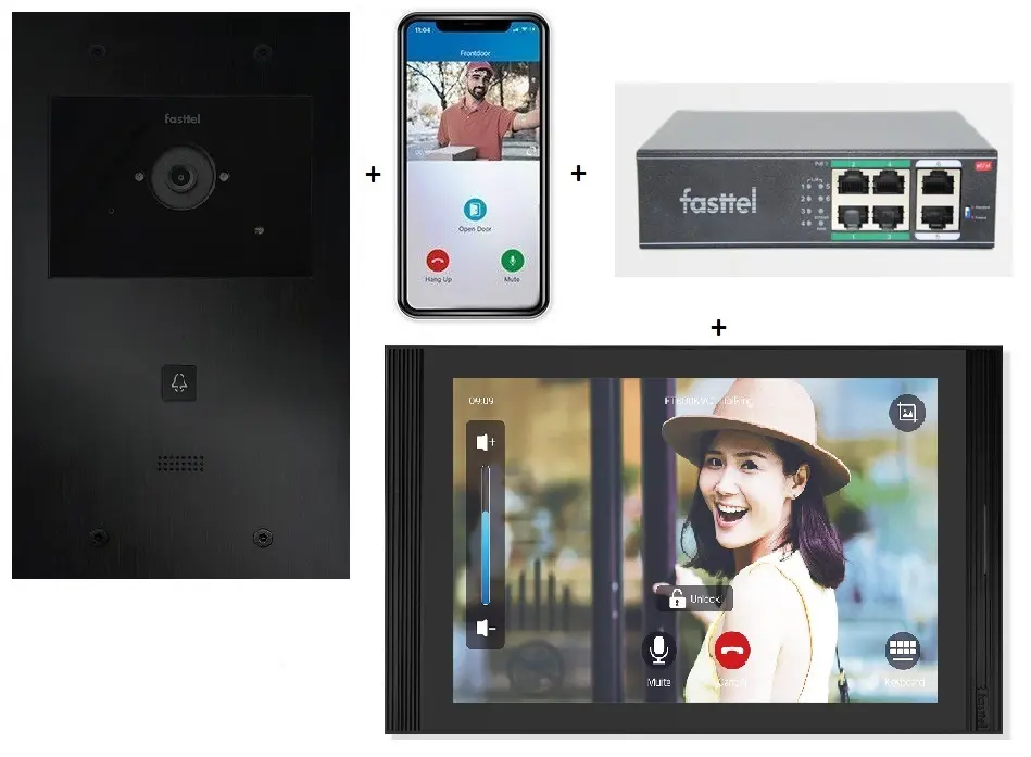 Videokit Plug & Play: Intercom 1 button, both flush and surface mount 263x154mm + Monitor 10" Android wifi + 4xApp licences + PoE switch
