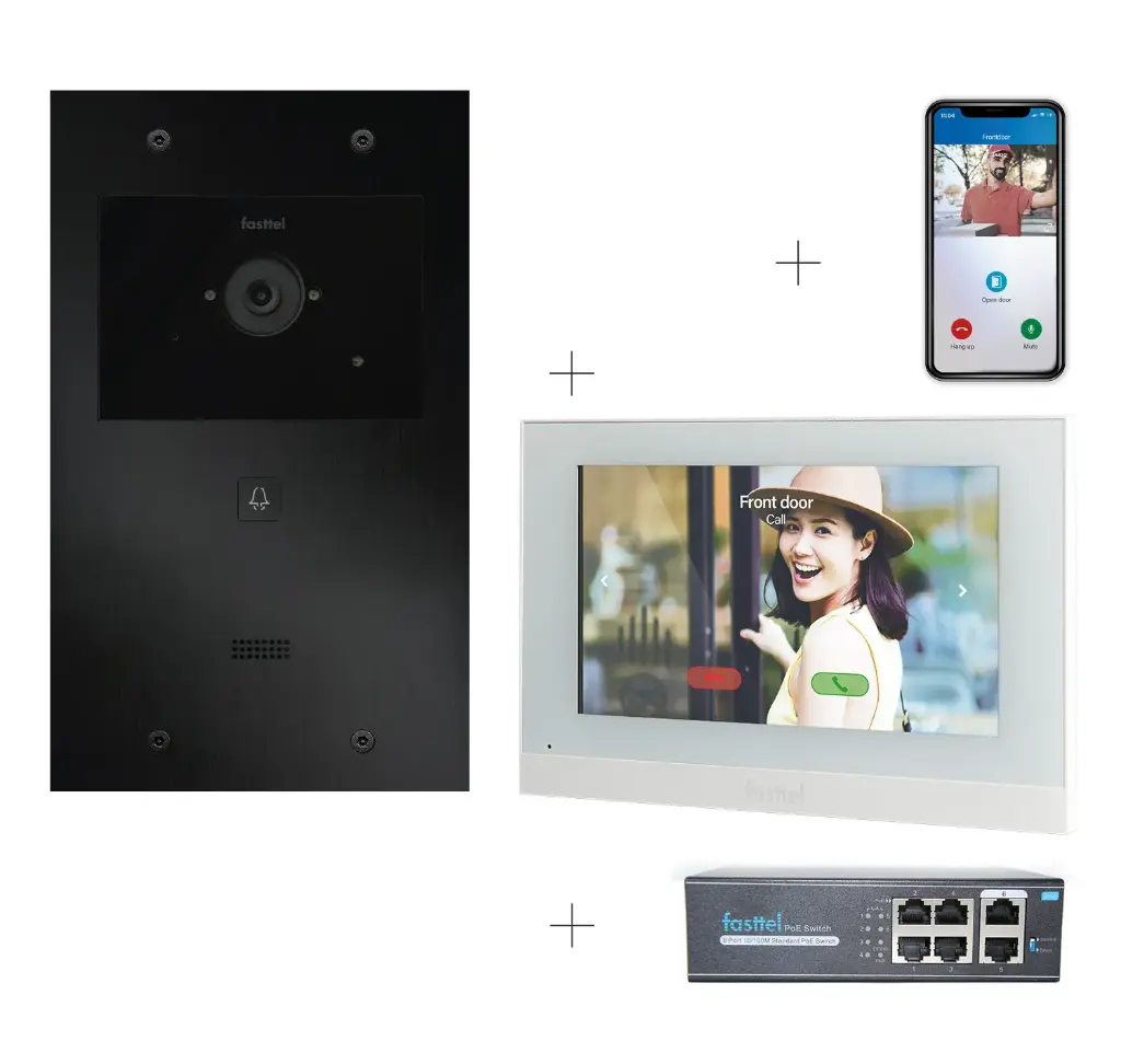 Kit Vidéo Plug & Play: Portier 1 bouton, à la fois encastré et en saillie 263x154mm + Moniteur 7" wifi + 4xApp licences + PoE switch