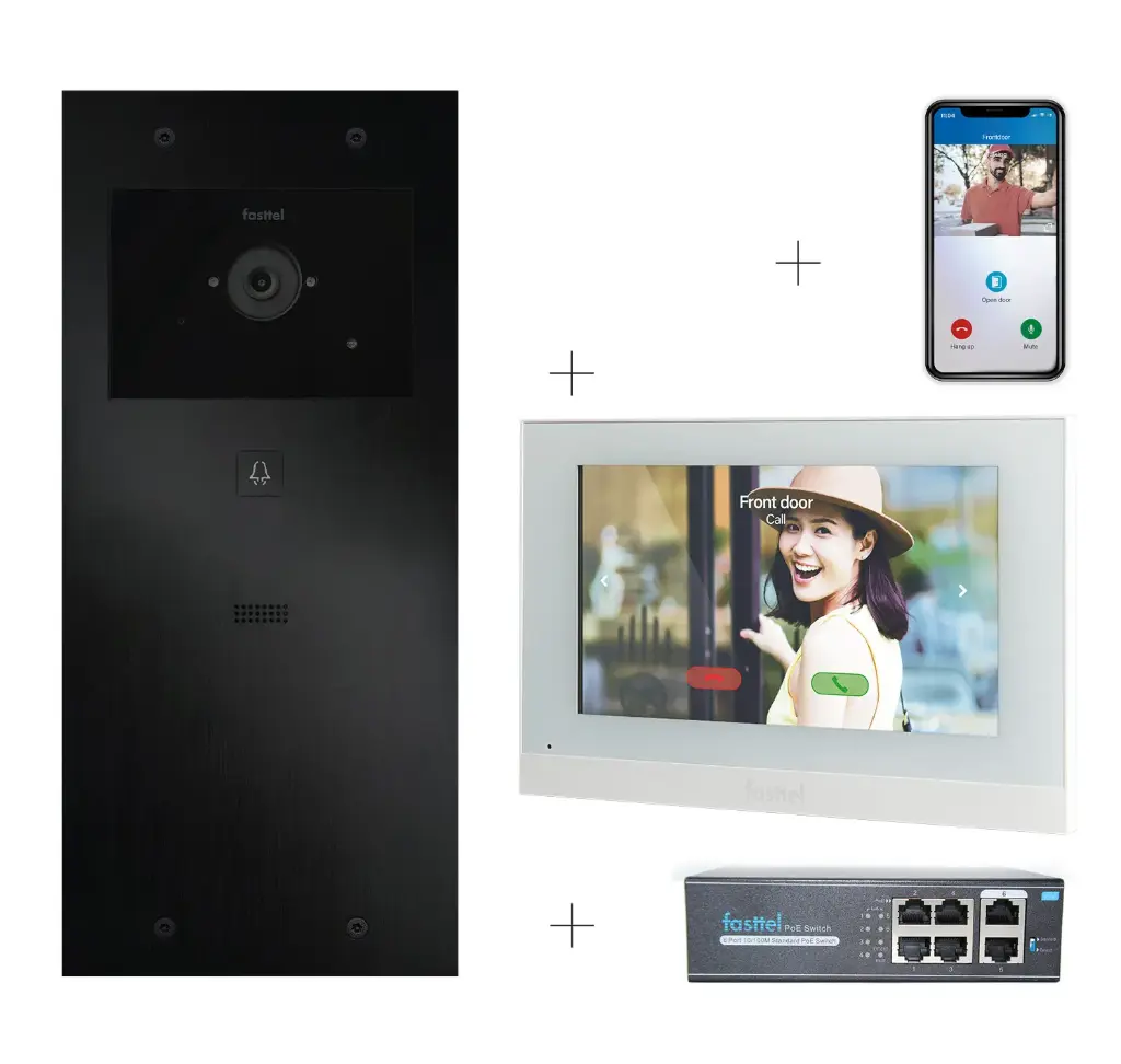 Videokit Plug & Play: Intercom 1 button, both flush and surface mount 349x154mm + Monitor 7" wifi + 4xApp licences + PoE switch