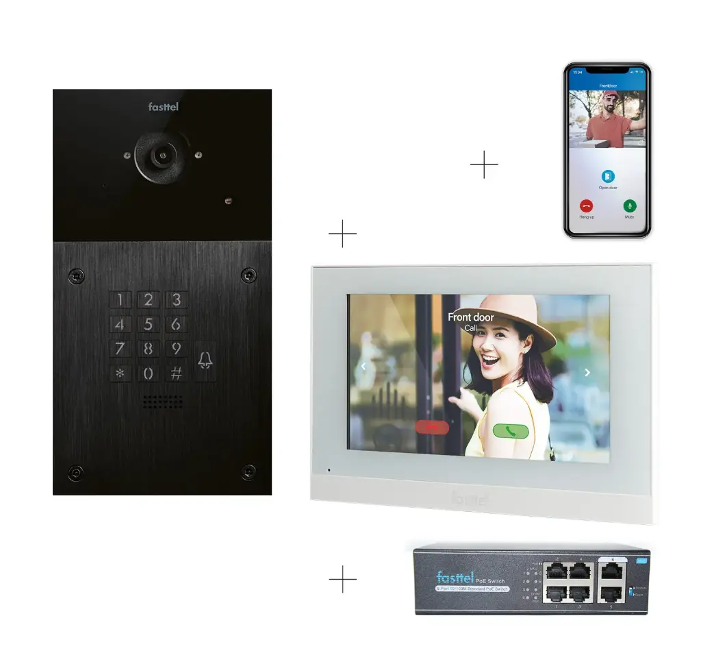 Kit Vidéo Plug & Play: Portier 1 bouton +clavier d'accès, à la fois encastré et en saillie 216x116mm + Moniteur 7" wifi + 4xApp licences + PoE switch
