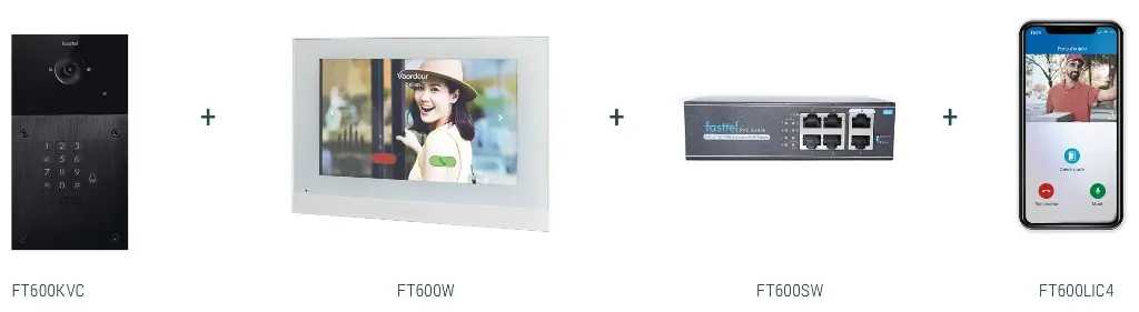 Videokit Plug & Play: Intercom 1 button+keypad, both flush and surface mount 216x116mm + Monitor 7" wifi + 4xApp licences + PoE switch