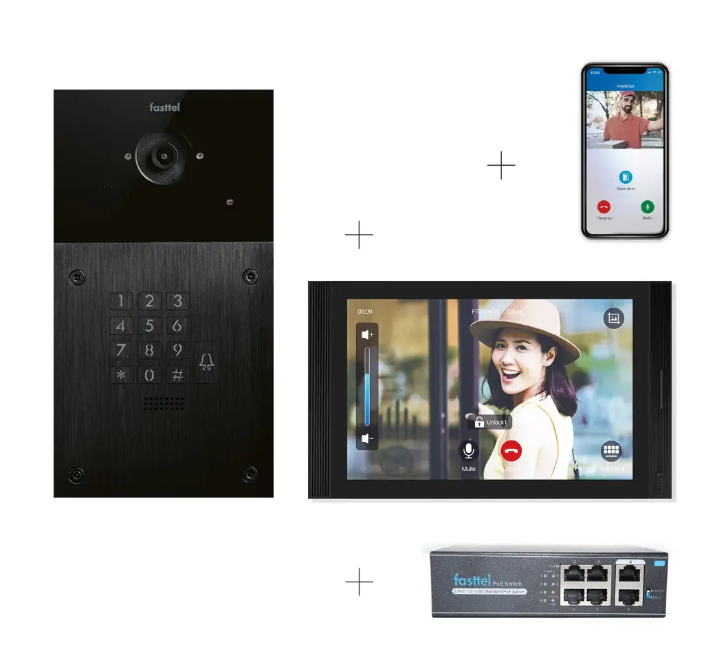 Videokit Plug & Play: Intercom 1 button+keypad, both flush and surface mount 216x116mm + Monitor 10" Android wifi + 4xApp licences + PoE switch