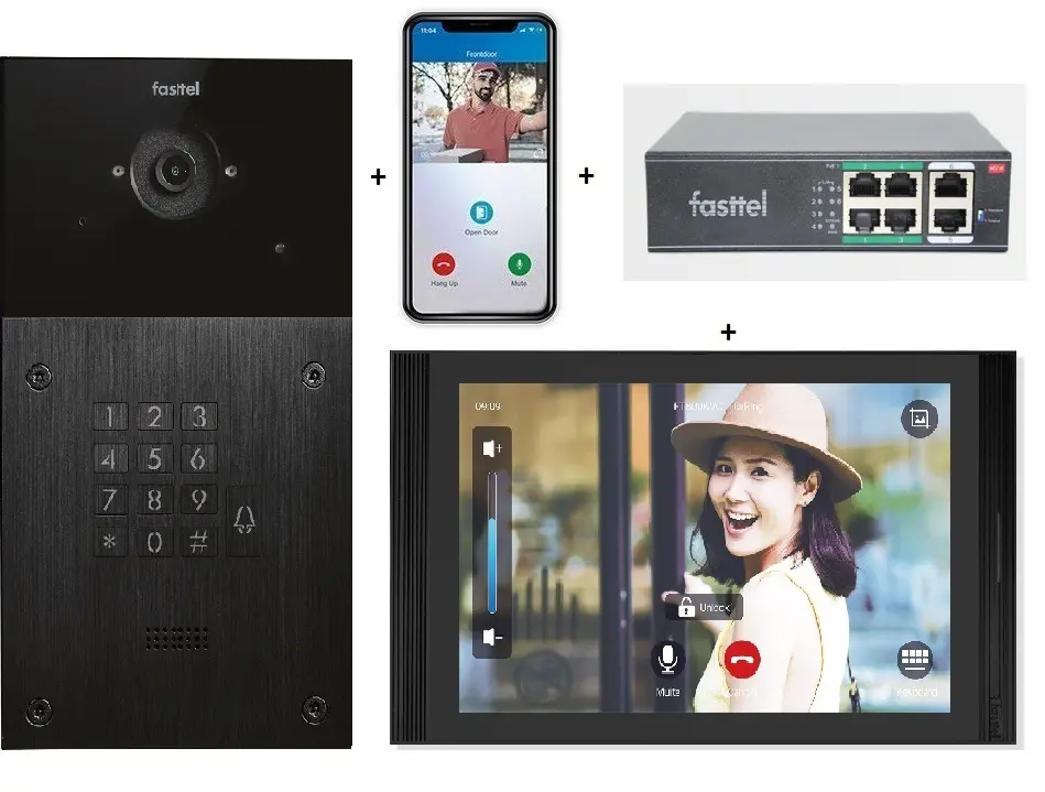 Videokit Plug & Play: Intercom 1 button+keypad, both flush and surface mount 216x116mm + Monitor 10" Android wifi + 4xApp licences + PoE switch