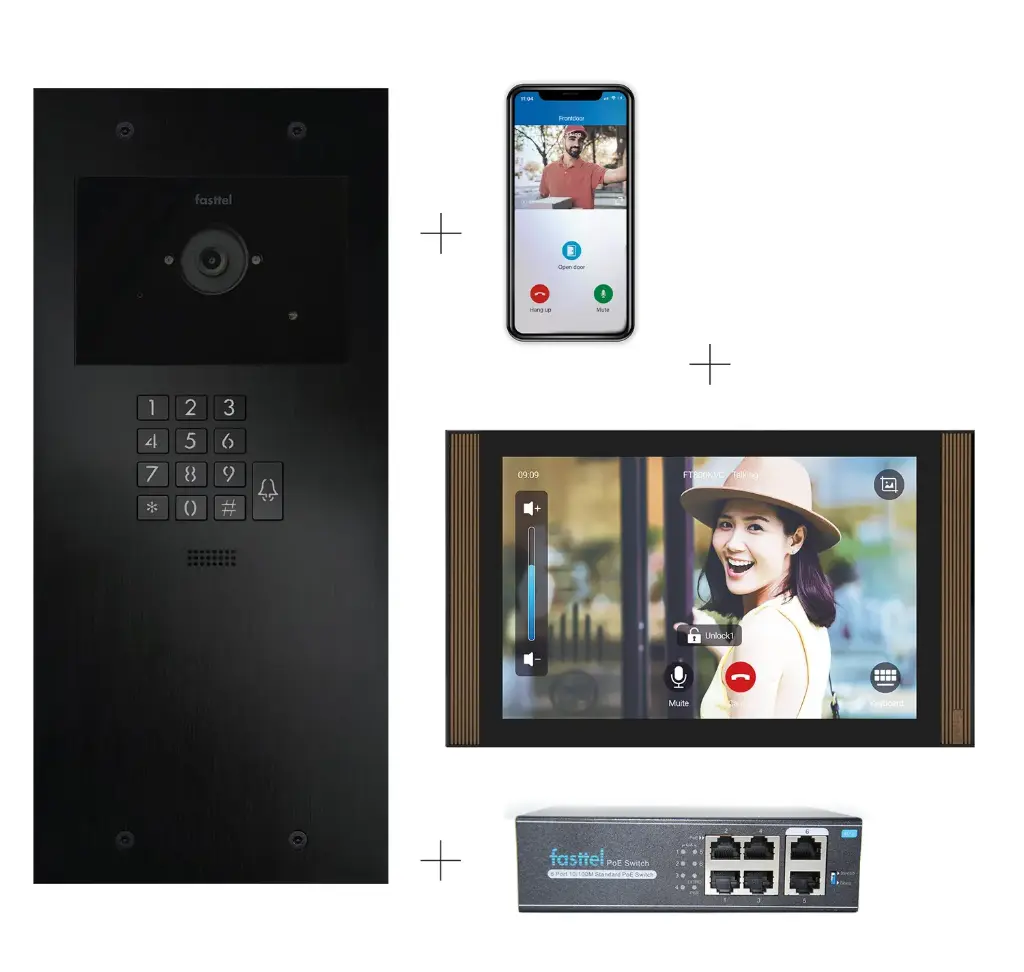 Kit Vidéo Plug & Play: Portier 1 bouton +clavier d'accès, à la fois encastré et en saillie 349x154mm + Moniteur 10" Android wifi + 4xApp licences + PoE switch