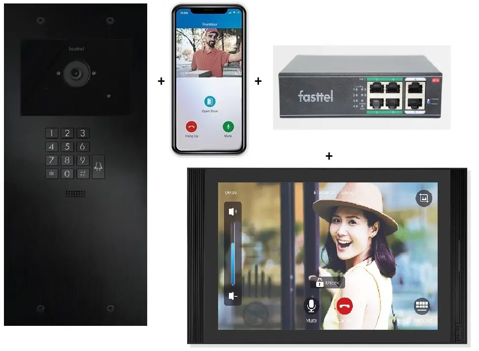 Videokit Plug & Play: Intercom 1 button+keypad, both flush and surface mount 349x154mm + Monitor 10" Android wifi + 4xApp licences + PoE switch