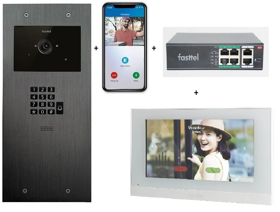 Videokit Plug & Play: Buitenpost 1 knop+ codeklavier, zowel in-als opbouw 349x154mm + Monitor 7" wifi + 4xApp licentie + PoE switch