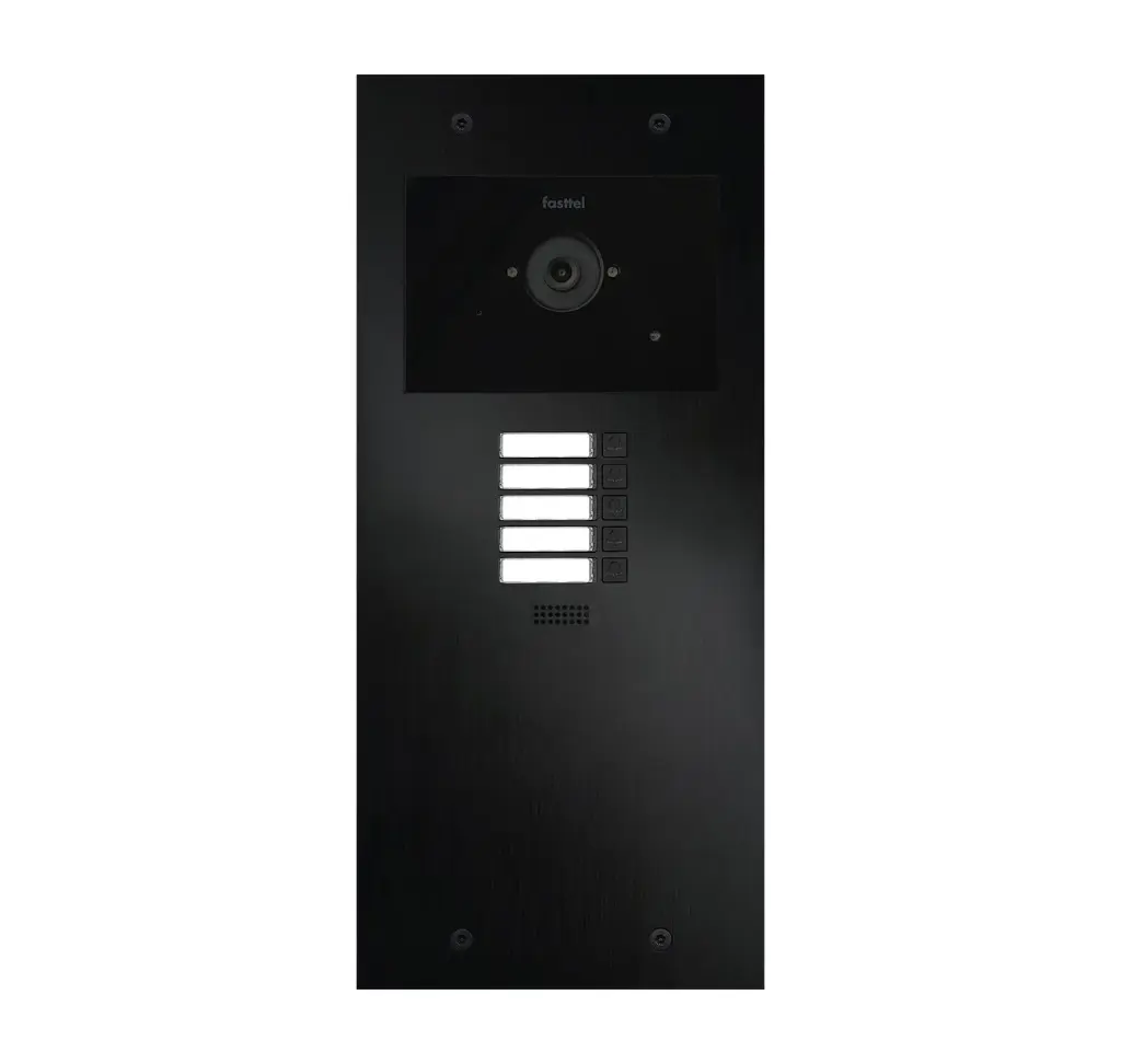 Le FT600VC-5-L est un interphone vidéo avec 2 comptes SIP, anodisé noir et doté de 5 boutons poussoir et d'une caméra couleur. 349x154mm.