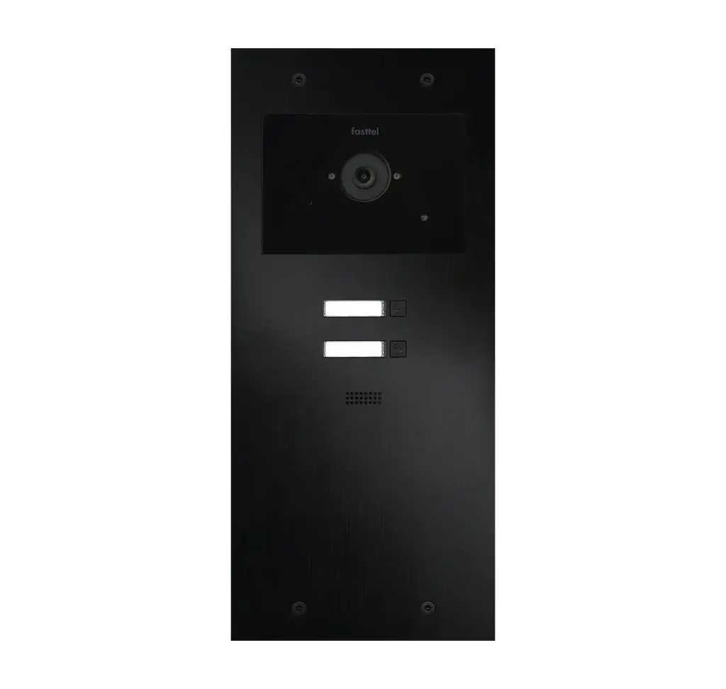 De FT600VC-2-L is een videofoon met 2 sip accounts, zwart geanodiseerd en beschikt over 2 drukknoppen en kleuren camera. 349x154mm.