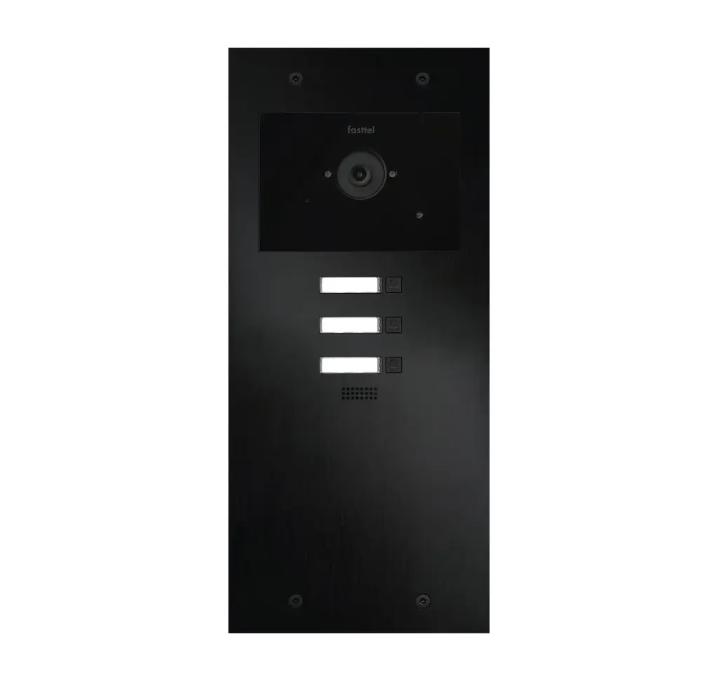 De FT600VC-3-L is een videofoon met 2 sip accounts, zwart geanodiseerd en beschikt over 3 drukknoppen en kleuren camera. 349x154mm.