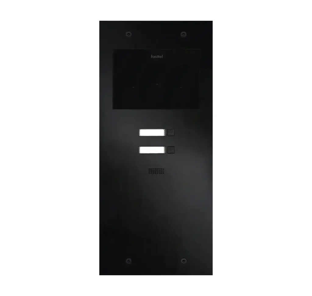 The FT600-2-L is an intercom with 2 sip accounts, black anodized and has 2 push buttons. 349x154mm.