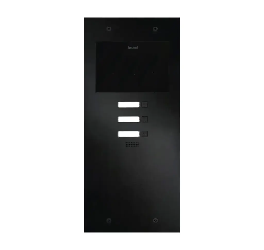 The FT600SIP-3-L is an intercom with 2 sip accounts, black anodized and has 3 push buttons. 349x154mm.