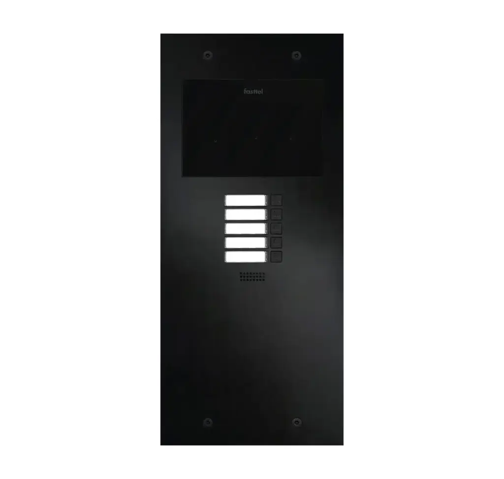 The FT600-5-L is an intercom with 2 sip accounts, black anodized and has 5 push buttons. 349x154mm.