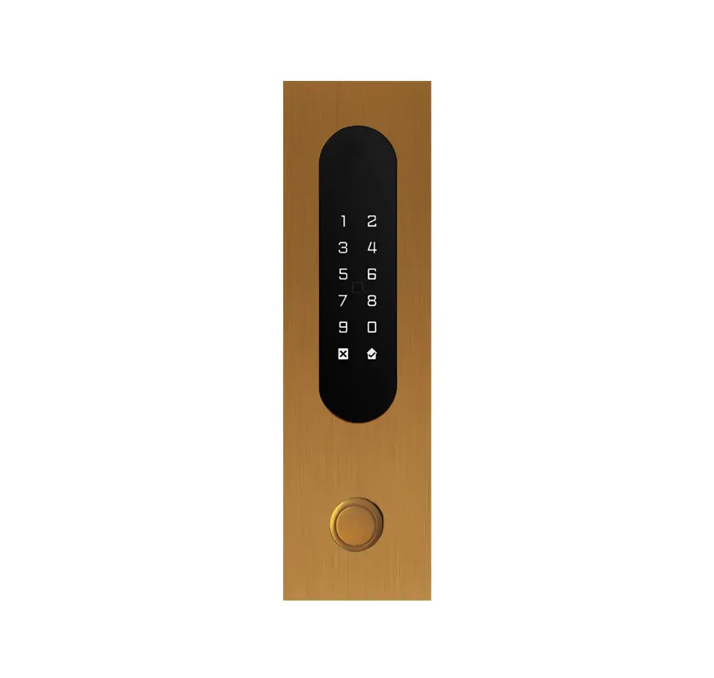 Acces keypad/Badge reader/Bluetooth/NFC: 1 relay, Wiegand, bell button and Cloud.  Bronze gold, flush mounted, 62x211x30 mm