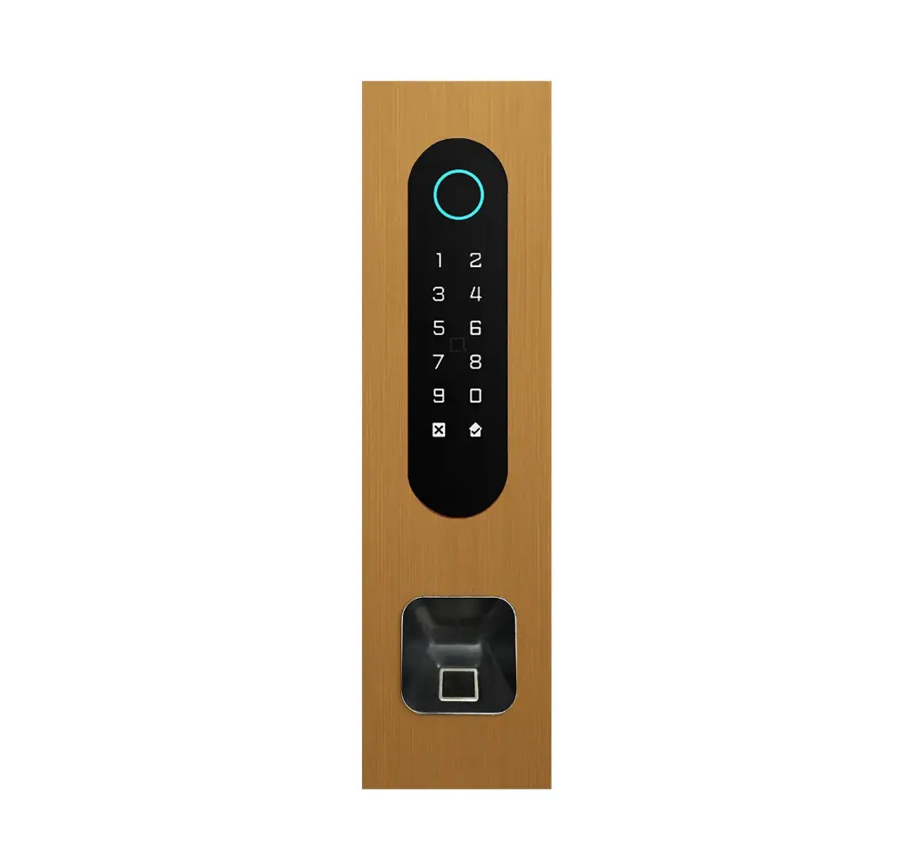 Codeklavier/Badgelezer/Bluetooth/NFC/QR lezer: 1 relais, Wiegand en Cloud.  Bronze goud inbouw met Ekey lezer uitsparing 77x257x30 mm