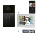 2-draads videokit Plug & Play: Buitenpost 1 knop+ codeklavier, zowel in- als opbouw 216x116mm + Monitor 7" wifi + 4xApp licentie + PoE switch