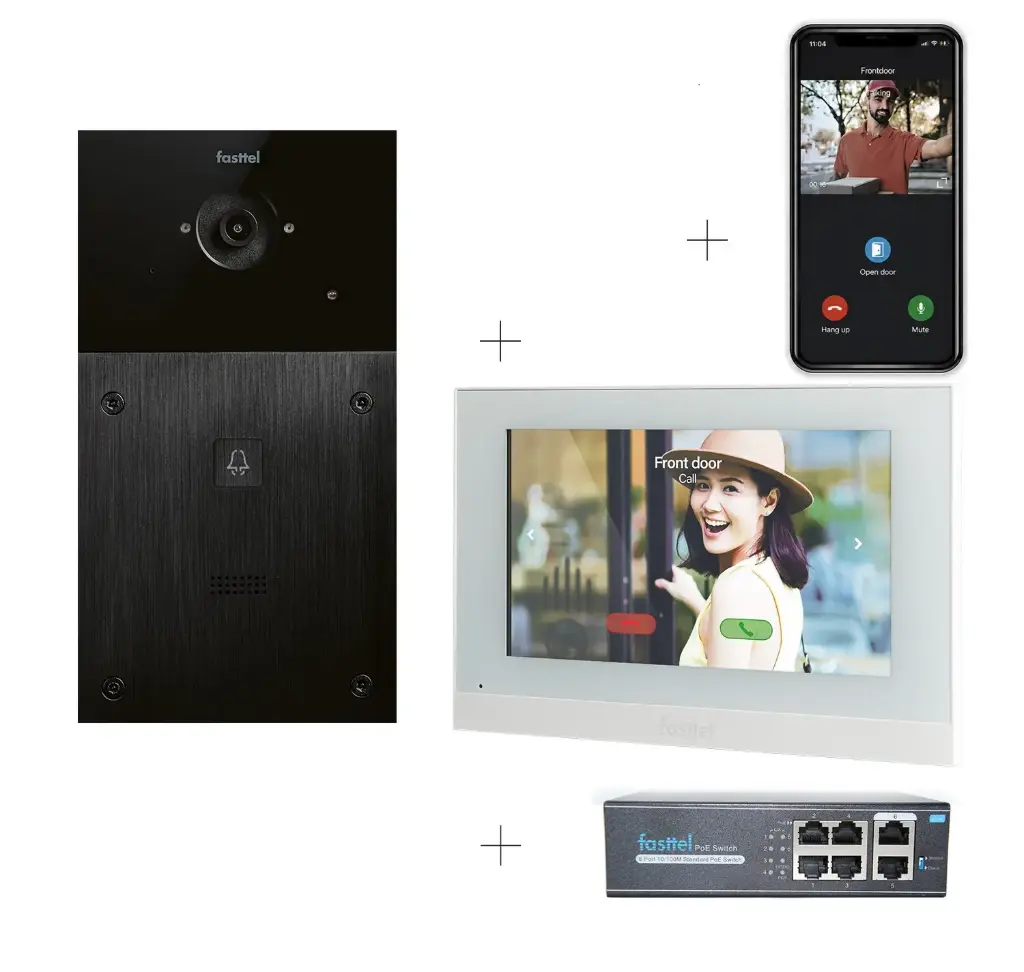 2-draads videokit Plug & Play: Buitenpost 1 knop zowel in-als opbouw 216x116mm + Monitor 7" wifi + 4xApp licentie + PoE switch