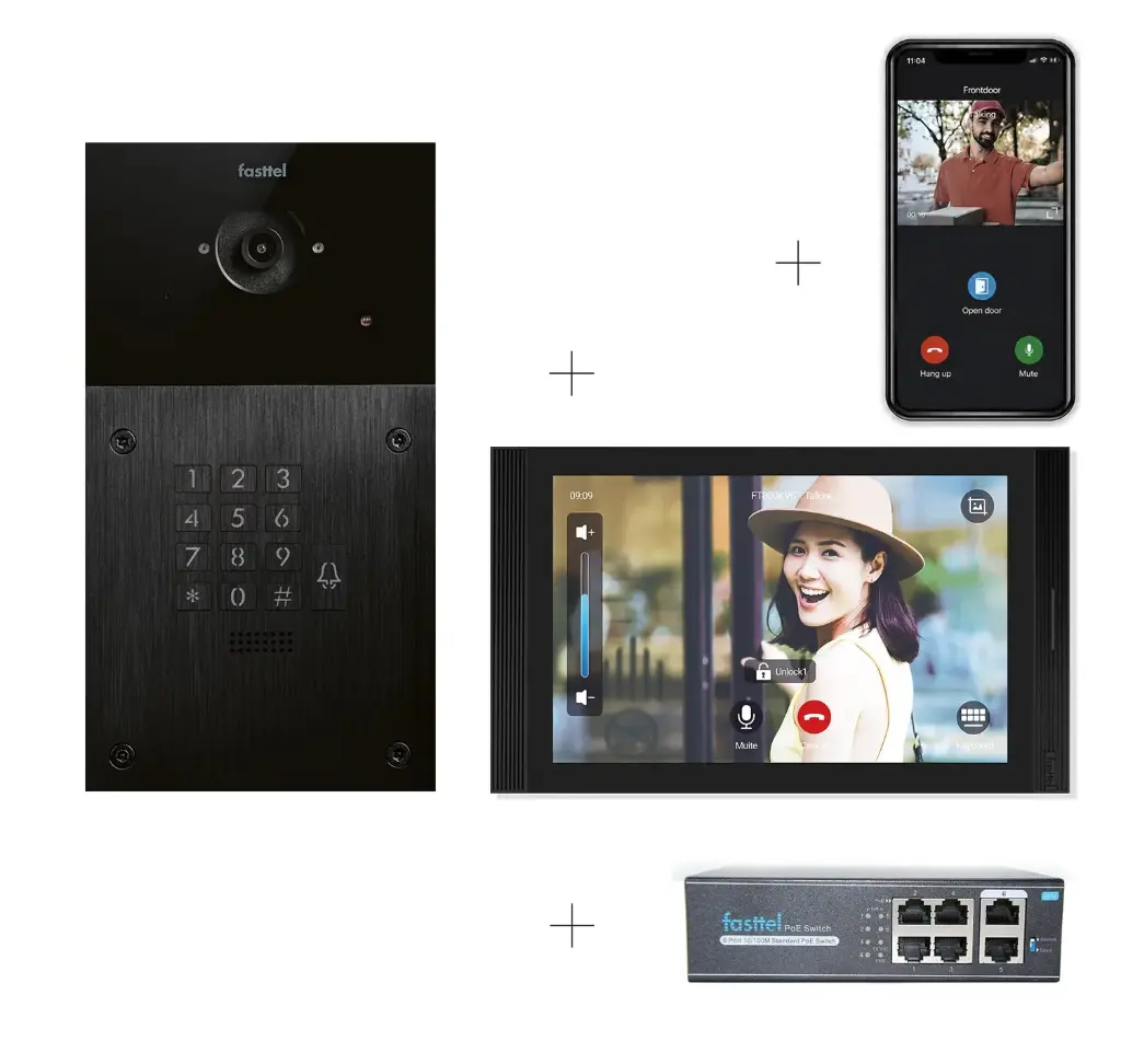 2-wire videokit Plug & Play: Intercom 1 button+keypad, both flush and surface mount 216x116mm + Monitor 10" Android wifi + 4xApp licences + PoE switch