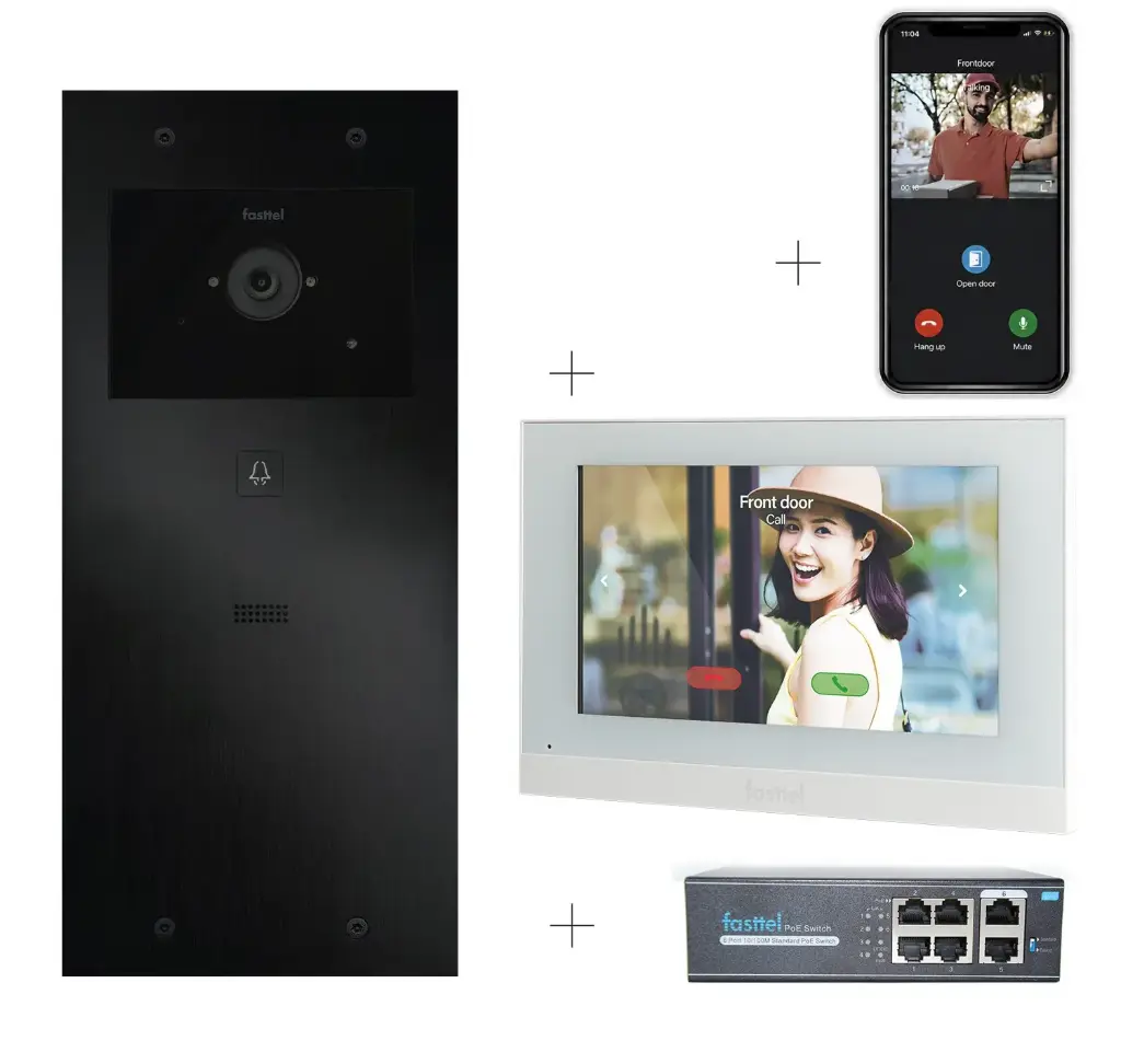 2-draads Videokit Plug & Play: Buitenpost 1 knop zowel in-als opbouw 349x154mm + Monitor 7" wifi + 4xApp licentie + PoE switch 