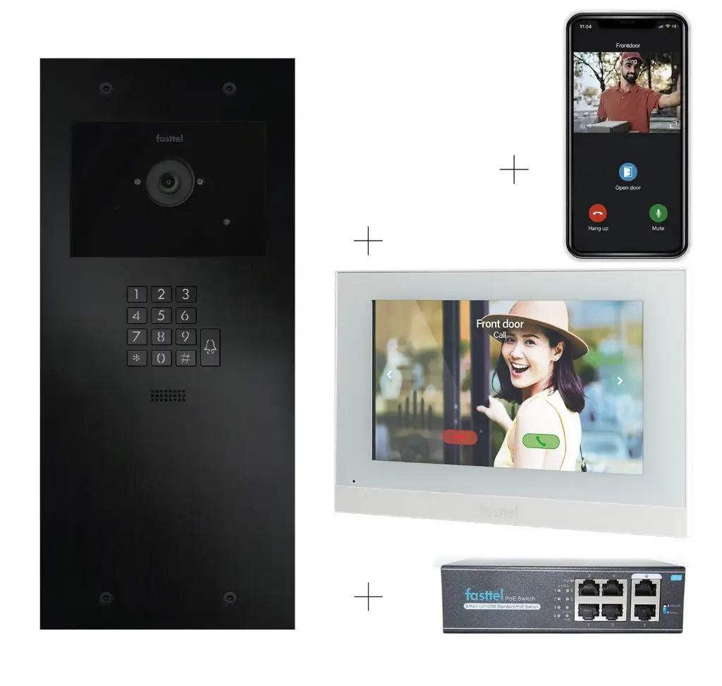 2-fils Kit Vidéo Plug & Play: Portier 1 bouton +clavier d'accès, à la fois encastré et en saillie 349x154mm + Moniteur 7" wifi + 4xApp licences + PoE switch