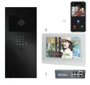 2-draads videokit Plug & Play: Buitenpost 1 knop+ codeklavier, zowel in- als opbouw 349x154mm + Monitor 7" wifi + 4xApp licentie + PoE switch