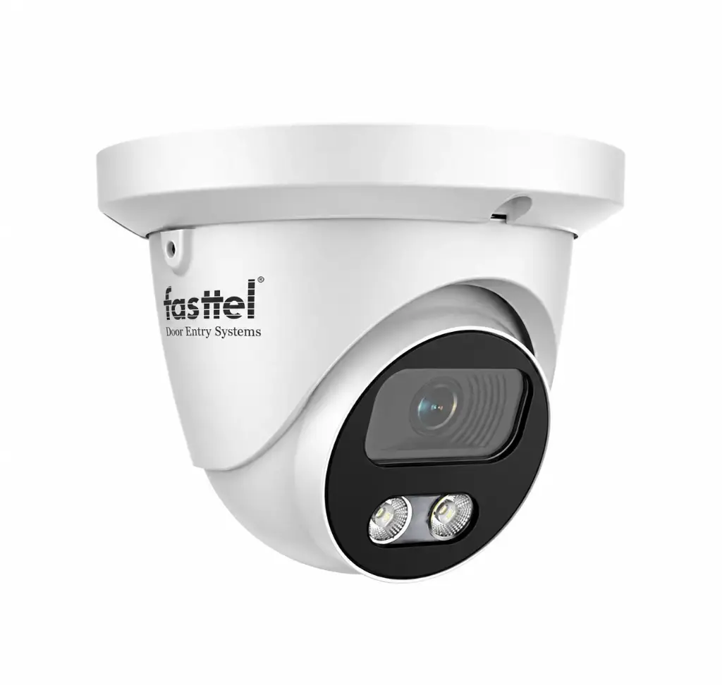 Caméra dôme tourelle pour intégration au cloud Fasttel. 5 MP, 2,8 mm, IR 40 m, double éclairage, détection IA, IP67, PoE.