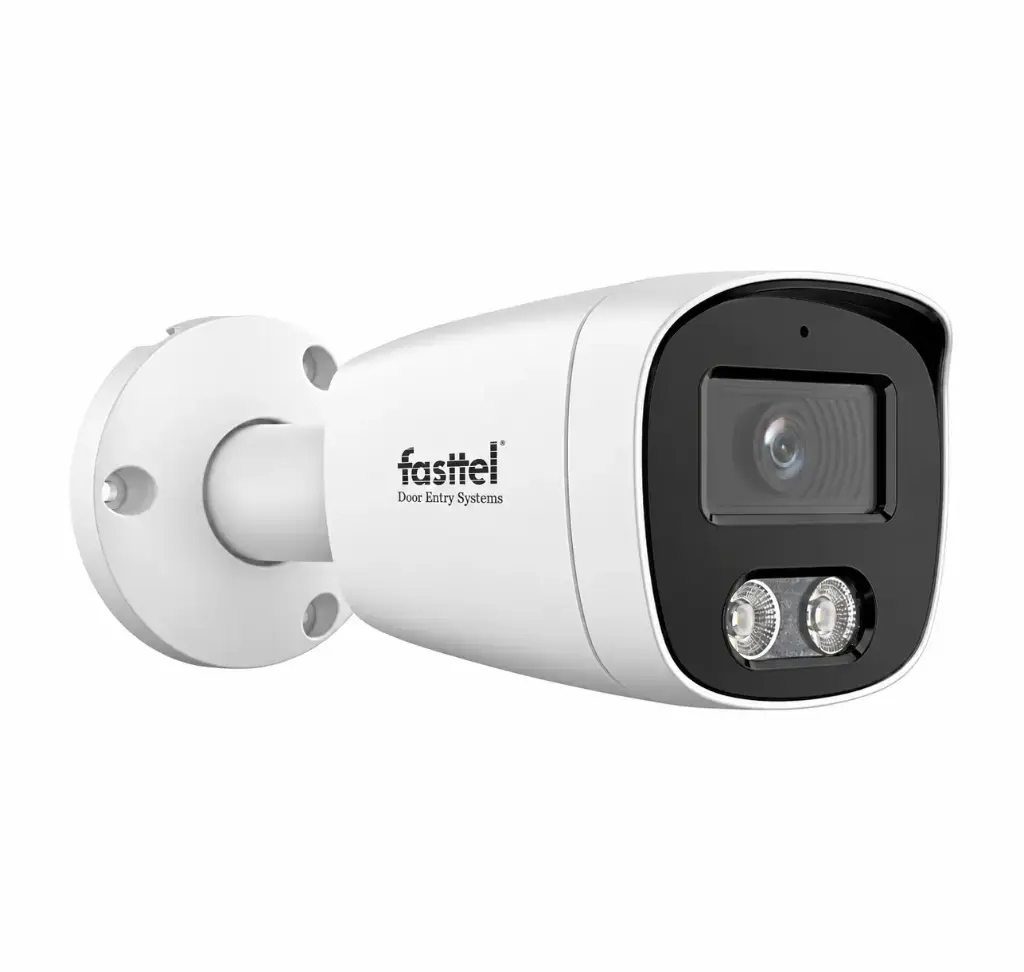 Bullet camera voor integratie in Fasttel cloud. 5 MP, 2,8 mm, IR 40 m, dubbele verlichting, IP67, POE.