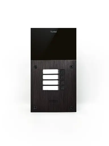 [FT600-4] The FT600-4 is an intercom with 2 sip accounts, black anodized and has 4 push buttons. The supplied housing allows the device to be placed both on- and flush-mounted. 216x116mm.