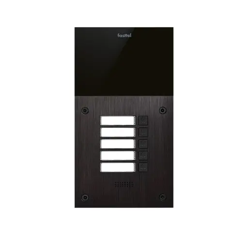 FT600SIP-5 | The FT600SIP-2 is an intercom with 2 sip accounts, black anodized and has 2 push buttons. The supplied housing allows the device to be placed both on- and flush-mounted. 216x116mm.