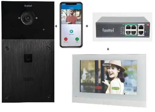 [FT600VK] Videokit Plug & Play: Buitenpost 1 knop zowel in-als opbouw 216x116mm + Monitor 7" wifi + 4xApp licentie + PoE switch