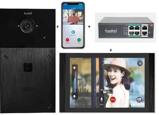 [FT600VK-10] Videokit Plug & Play: Intercom 1 button, both flush and surface mount 216x116mm + Monitor 10" Android wifi + 4xApp licences + PoE switch