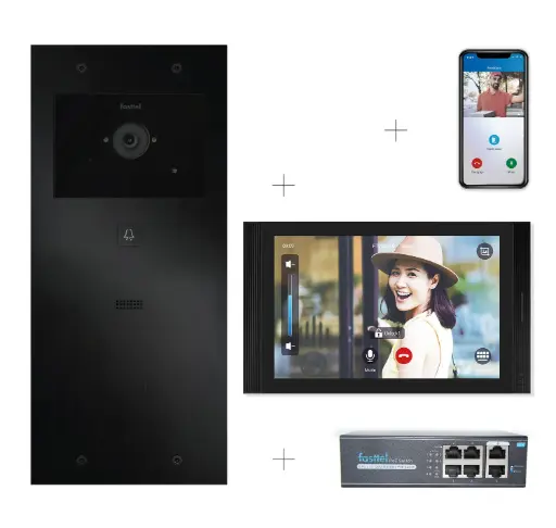 [FT600VK-10-L] Kit Vidéo Plug & Play: Portier 1 bouton, à la fois encastré et en saillie 349x154mm + Moniteur 10" Android wifi + 4xApp licences + PoE switch