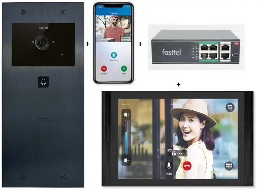 [FT600VK-10-L] Videokit Plug & Play: Buitenpost 1 knop zowel in-als opbouw 349x154mm + Monitor 10" Android wifi + 4xApp licentie + PoE switch