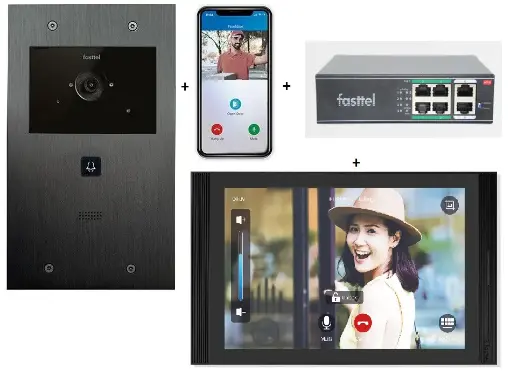 [FT600VK-10-M] Videokit Plug & Play: Buitenpost 1 knop zowel in-als opbouw 263x154mm + Monitor 10" Android wifi + 4xApp licentie + PoE switch