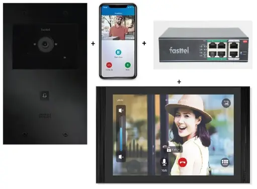 FT600VK-10-M | Videokit Plug & Play: Intercom 1 button, both flush and surface mount 263x154mm + Monitor 10" Android wifi + 4xApp licences + PoE switch