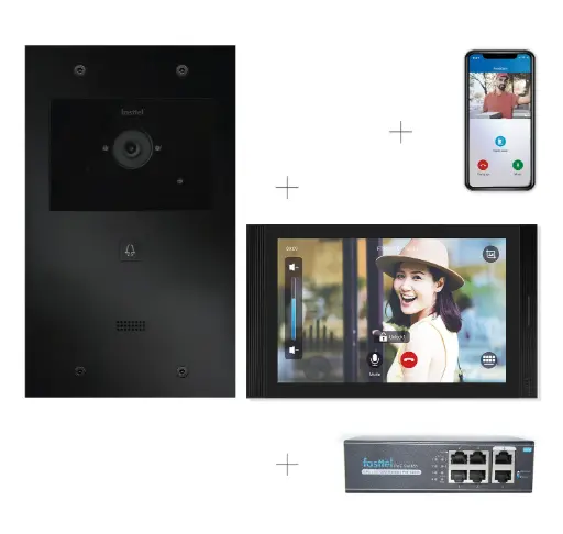 FT600VK-10-M | Videokit Plug & Play: Intercom 1 button, both flush and surface mount 263x154mm + Monitor 10" Android wifi + 4xApp licences + PoE switch