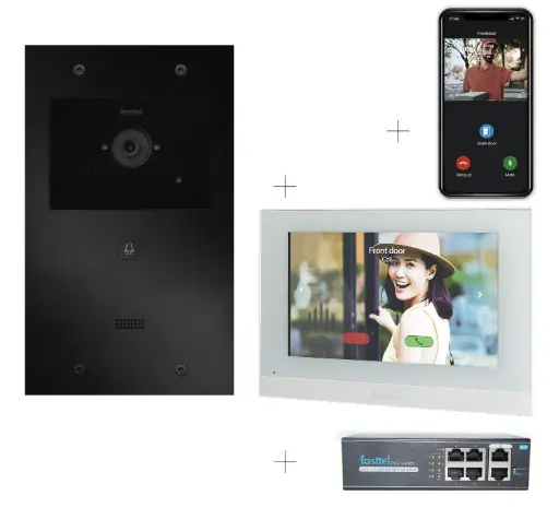 [FT600VK-M] Kit Vidéo Plug & Play: Portier 1 bouton, à la fois encastré et en saillie 263x154mm + Moniteur 7" wifi + 4xApp licences + PoE switch