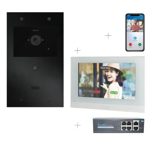 [FT600VK-M] Videokit Plug & Play: Buitenpost 1 knop zowel in-als opbouw 263x154mm + Monitor 7" wifi + 4xApp licentie + PoE switch