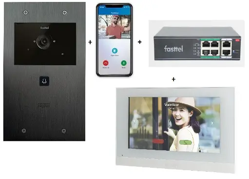 [FT600VK-M] Videokit Plug & Play: Intercom 1 button, both flush and surface mount 263x154mm + Monitor 7" wifi + 4xApp licences + PoE switch