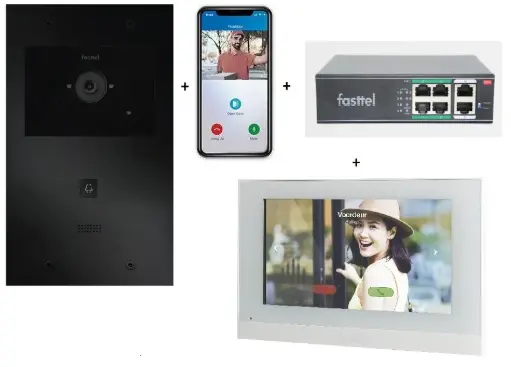 FT600VK-M | Videokit Plug & Play: Intercom 1 button, both flush and surface mount 263x154mm + Monitor 7" wifi + 4xApp licences + PoE switch